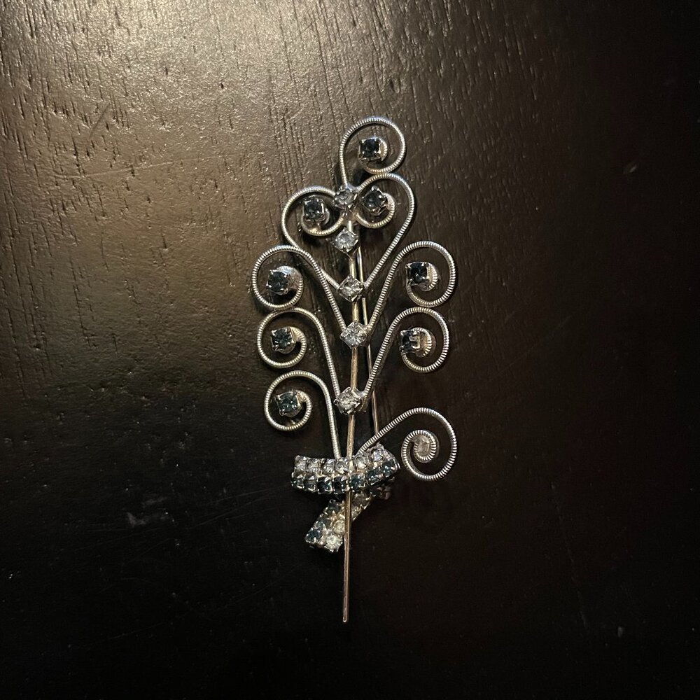 Vintage Silver Tone Flower Bouquet Brooch with Blue and Clear Rhinestones